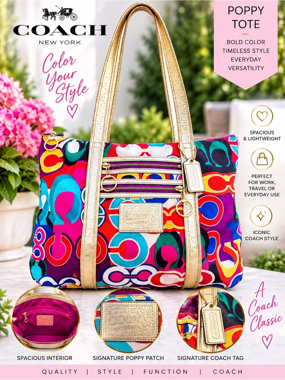 COACH Poppy Tote in Multicolor with Gold Trim
